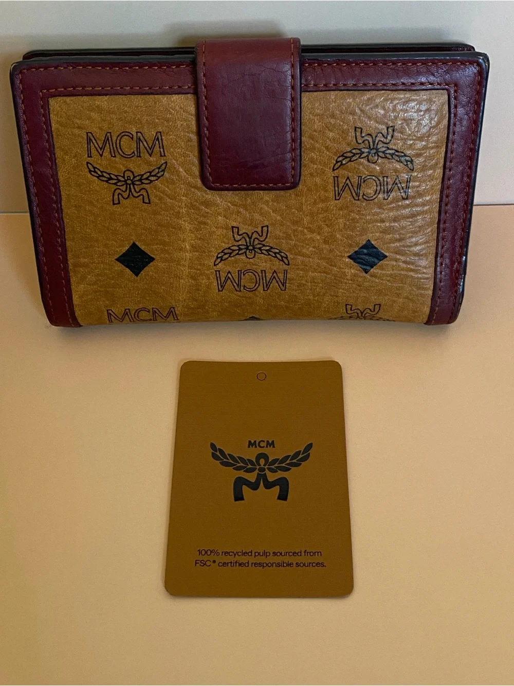 MCM Two-Tone Trifold Leather Continental Wallet in Burgundy and Cognac Brown